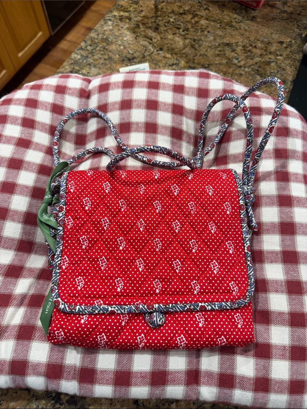 Red Quilted Crossbody Bag with Patterned Trim